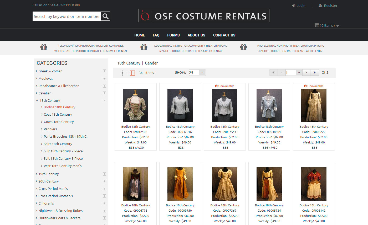 OSF Costume Rentals Website Search Page