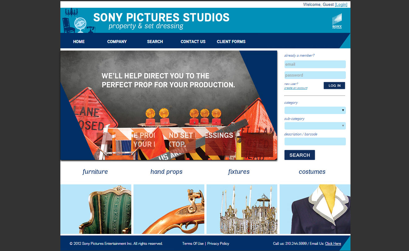 Sony Pictures Property & Set Dressing Department Website Home Page