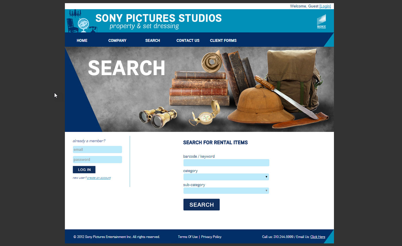 Sony Pictures Property & Set Dressing Department Website Search Page