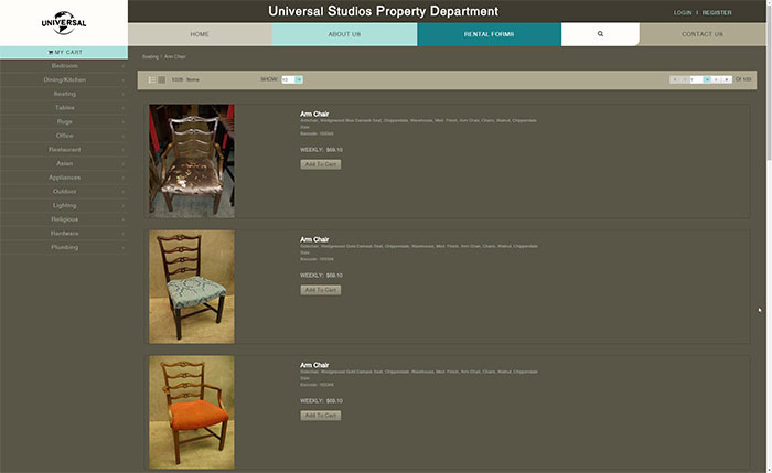 Universal Studios Property Department Website Product Page