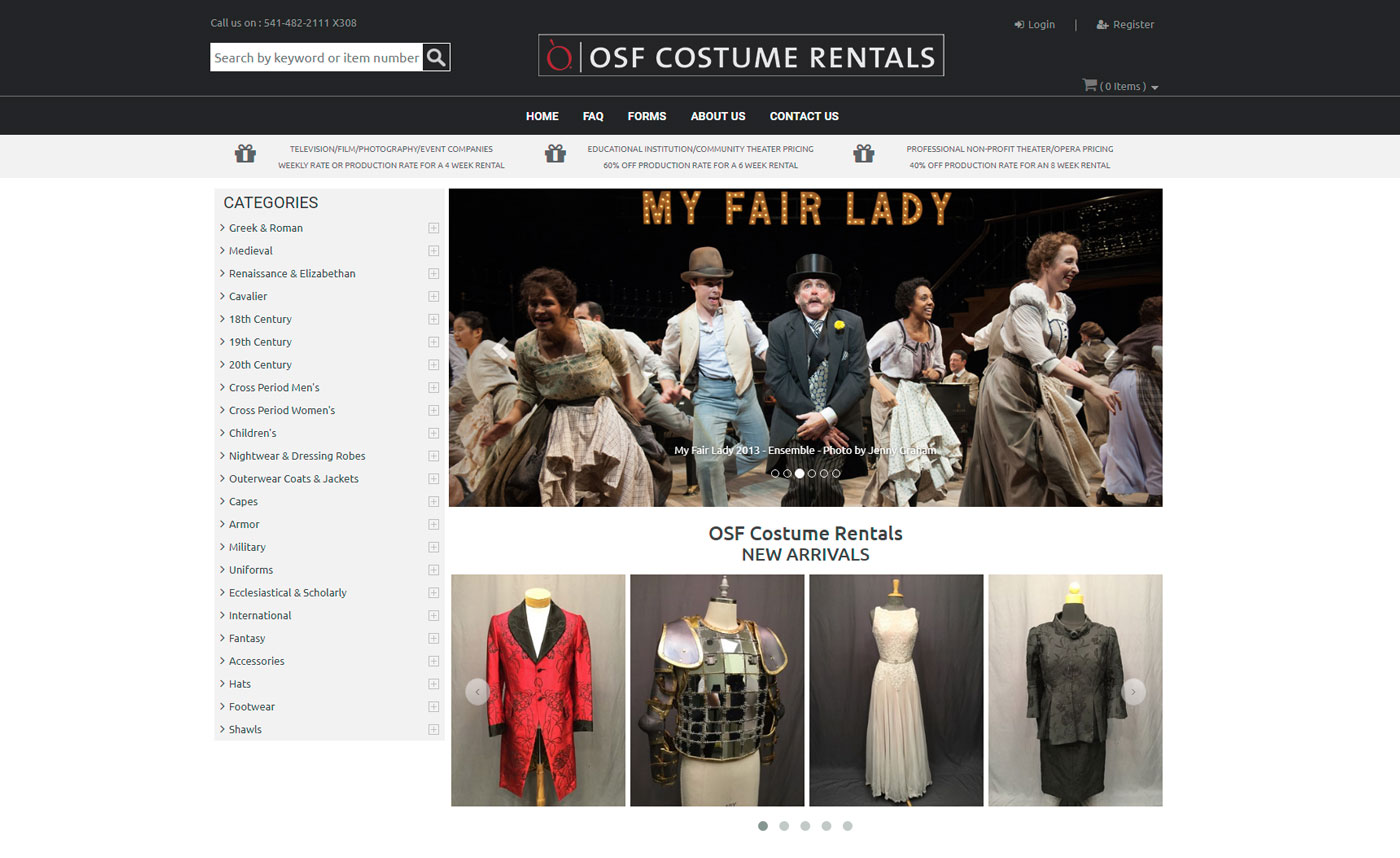 OSF Costume Rentals Website Home Page