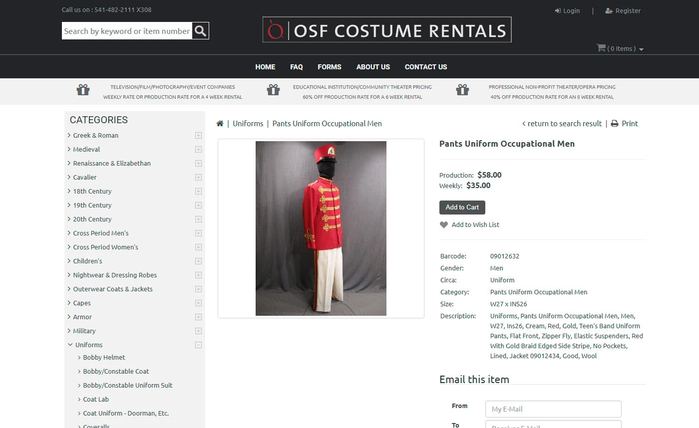 OSF Costume Rentals Website Item Detail Page