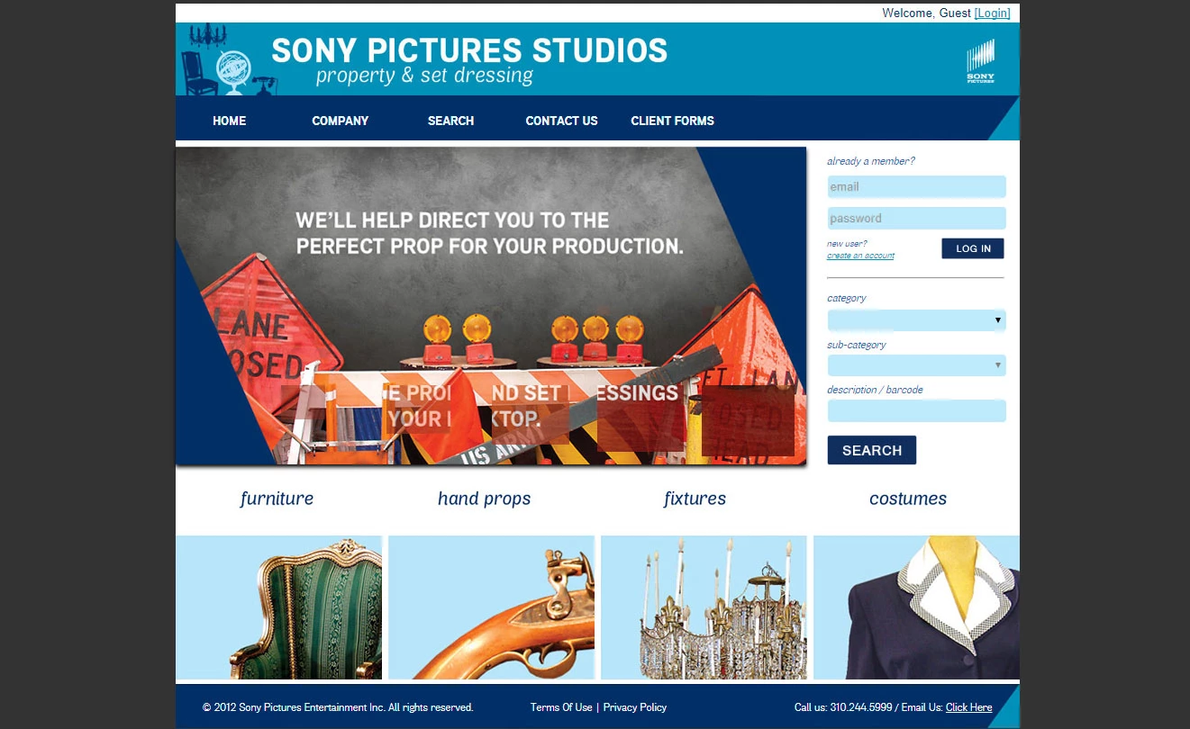 Sony Pictures Property & Set Dressing Department Website Home Page